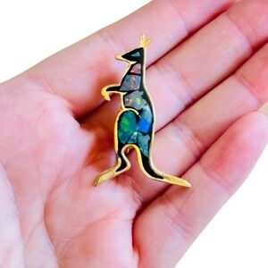 Australian Blue Fire Opal kangaroo Brooch Pin VTG Inlay Gold Plated Souvenir